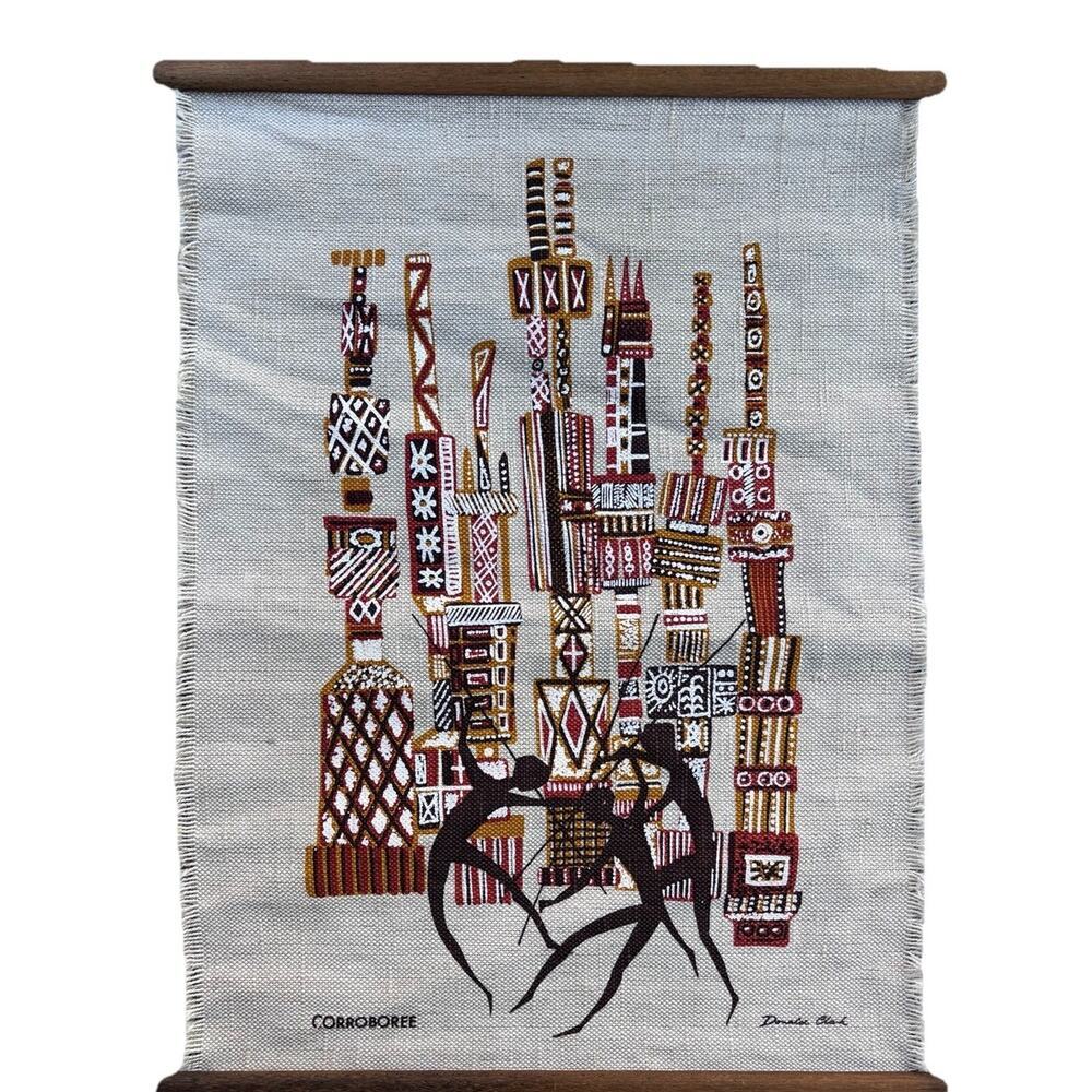 Vintage 1960's Donald Clark Silk Screen Linen Wall Hanging Corroboree Native MCM